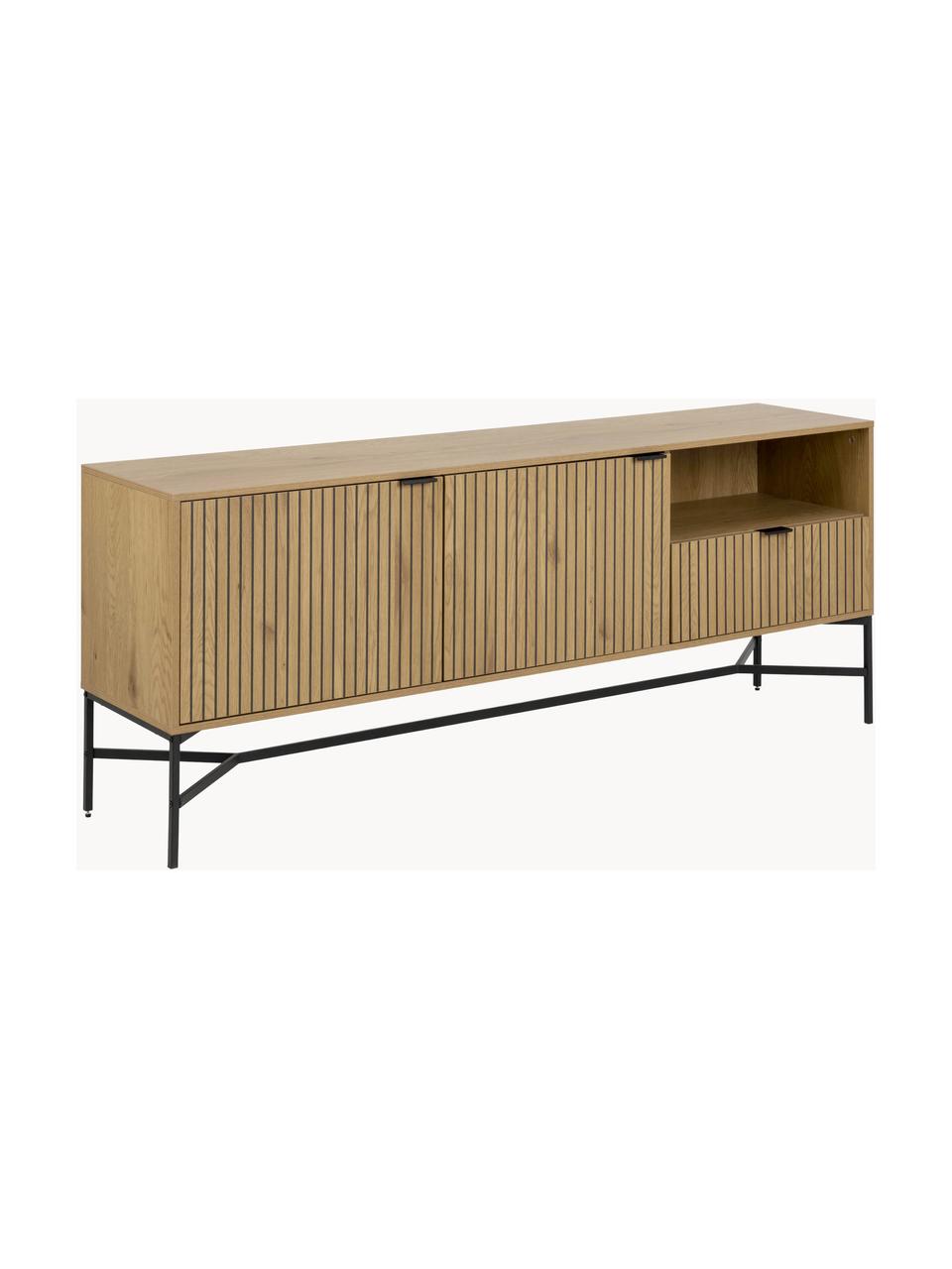 Credenza in legno con fronte scanalato Jaipur, Beige chiaro, nero, Larg. 180 x Alt. 70 cm