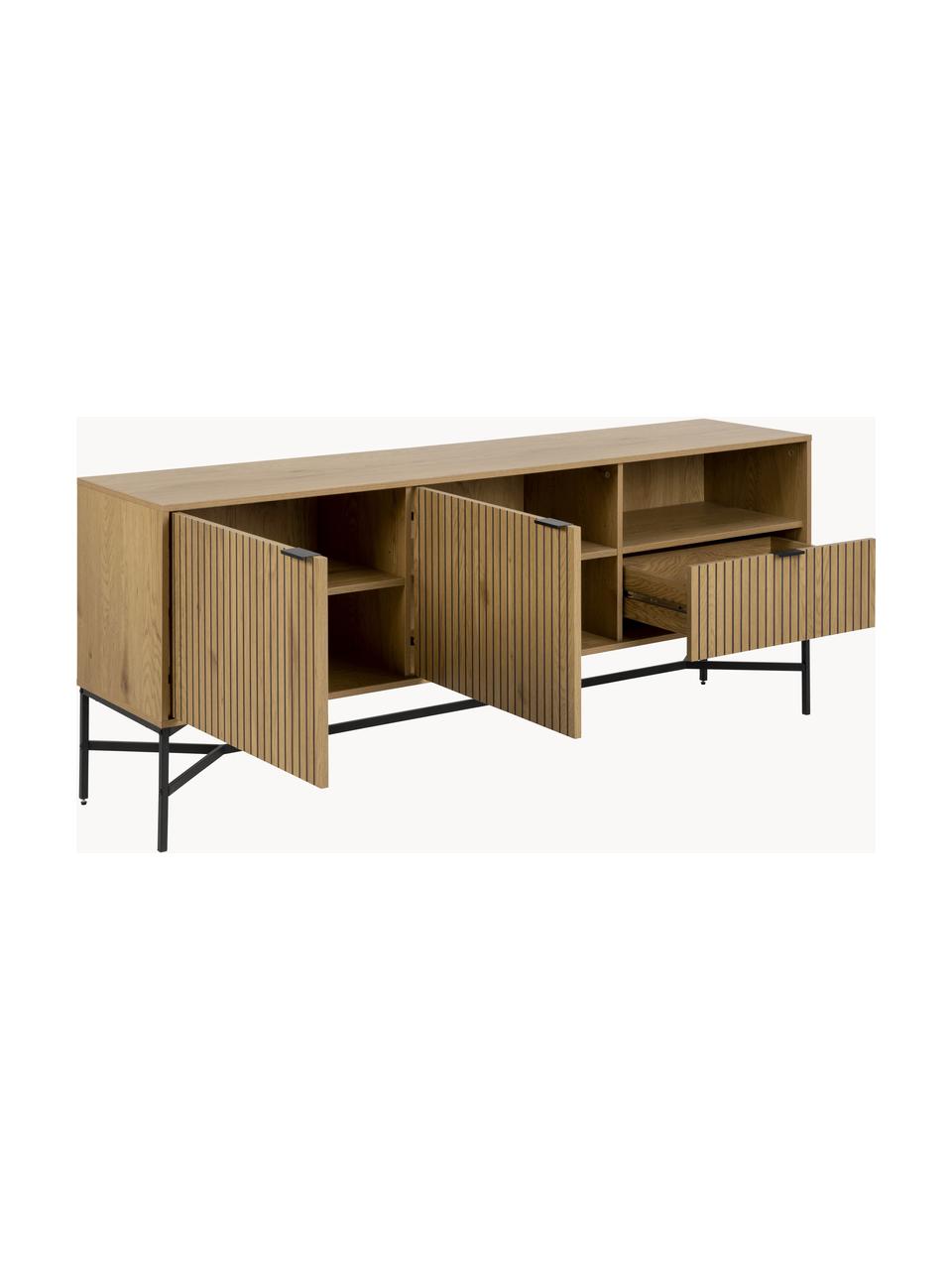 Credenza in legno con fronte scanalato Jaipur, Beige chiaro, nero, Larg. 180 x Alt. 70 cm