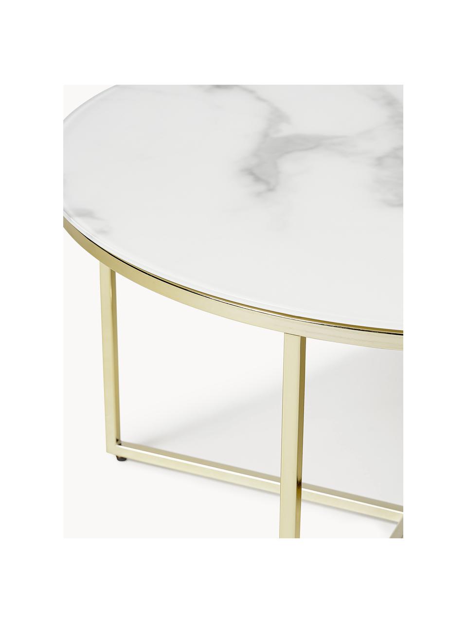 Runder Couchtisch Antigua mit Glasplatte in Marmor-Optik, Tischplatte: Glas, matt bedruckt, Gestell: Metall, vermessingt, Marmor-Optik Weiß, Goldfarben, Ø 80 cm
