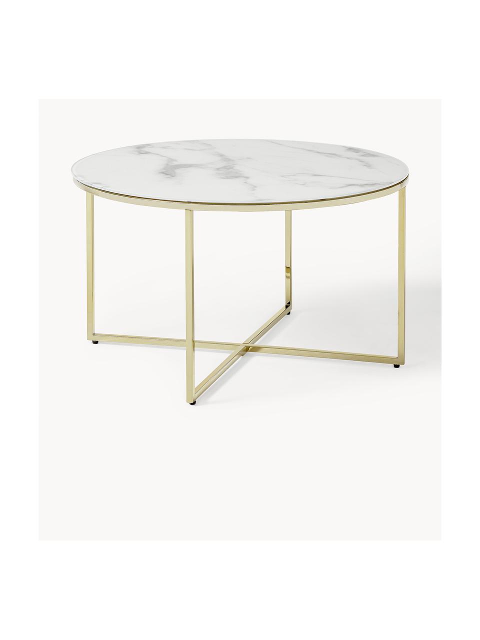 Tavolino rotondo da salotto con piano in vetro effetto marmo Antigua, Struttura: metallo ottonato, Bianco effetto marmo. dorato lucido, Ø 80 cm