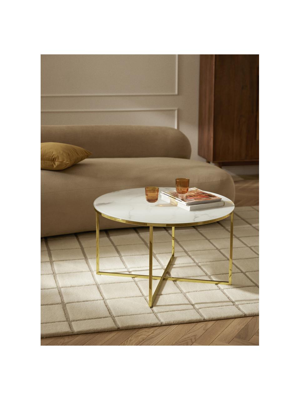 Tavolino rotondo da salotto con piano in vetro effetto marmo Antigua, Struttura: metallo ottonato, Bianco effetto marmo. dorato lucido, Ø 80 cm