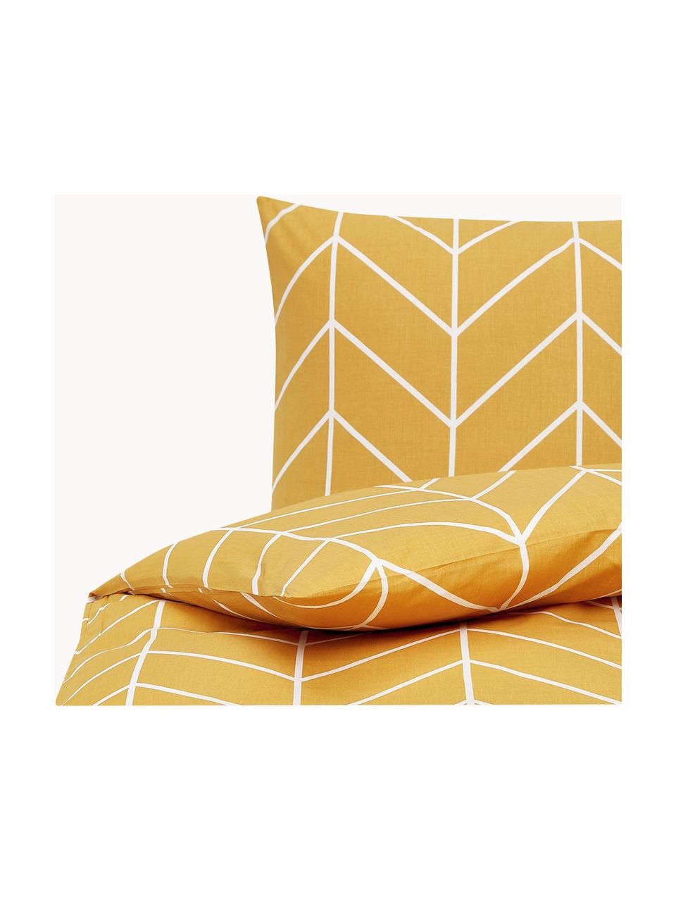 Bavlněné povlečení s grafickým vzorem Mirja, Hořčicově žlutá, 200 x 200 cm + 2 polštáře 80 x 80 cm