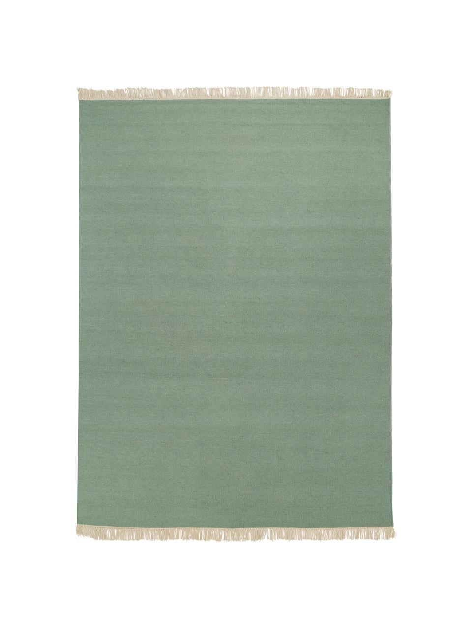 Handgeweven Kelim vloerkleed Rainbow van wol in groen met franjes, Franjes: 100% katoen Bij wollen vl, Pistachegroen, B 140 x L 200 cm (maat S)