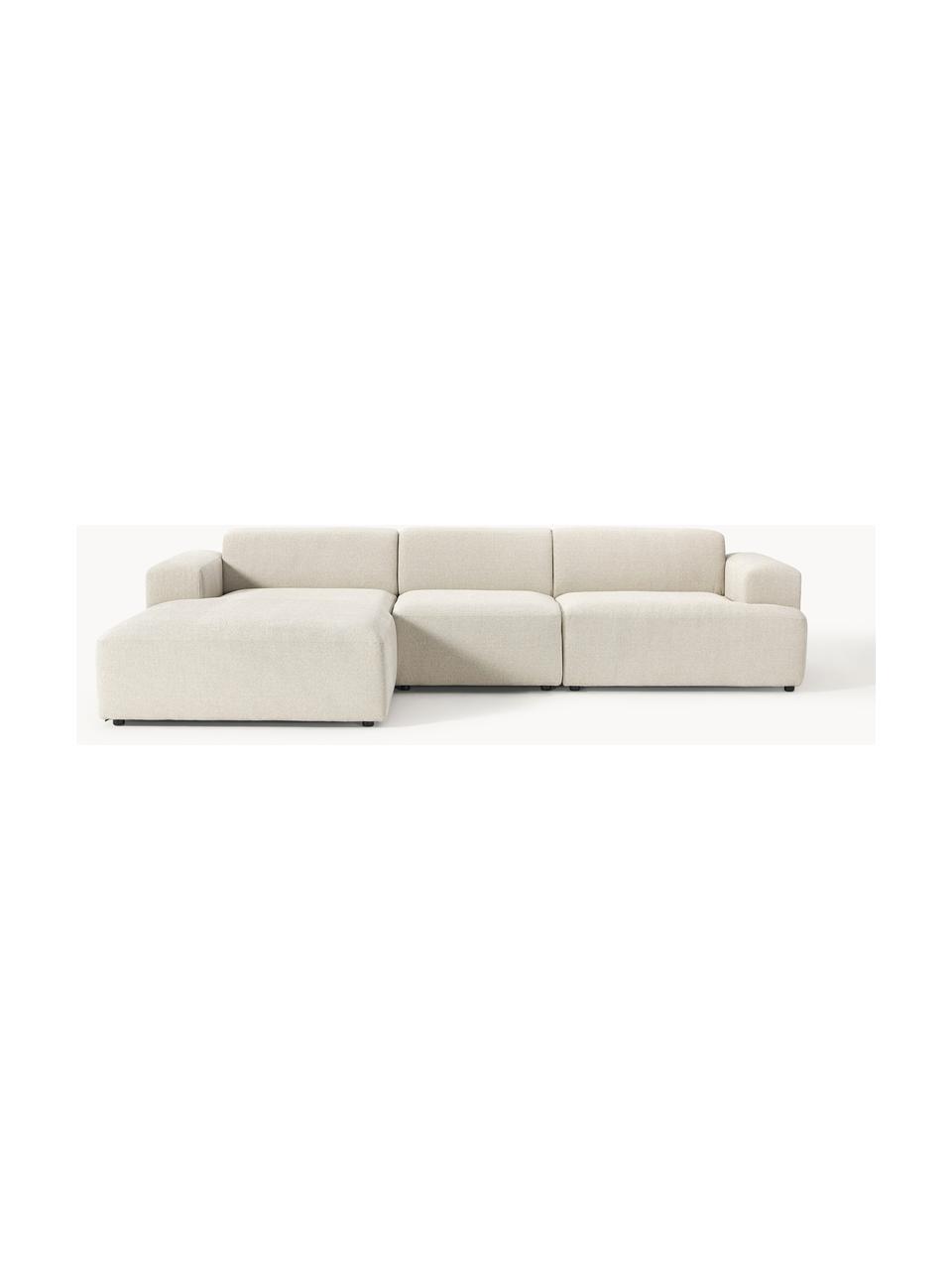 Ecksofa Melva (4-Sitzer), Bezug: 100 % Polyester Der strap, Gestell: Massives Kiefern- und Fic, Füße: Kunststoff Dieses Produkt, Webstoff Hellbeige, B 319 x T 195 cm, Eckteil links