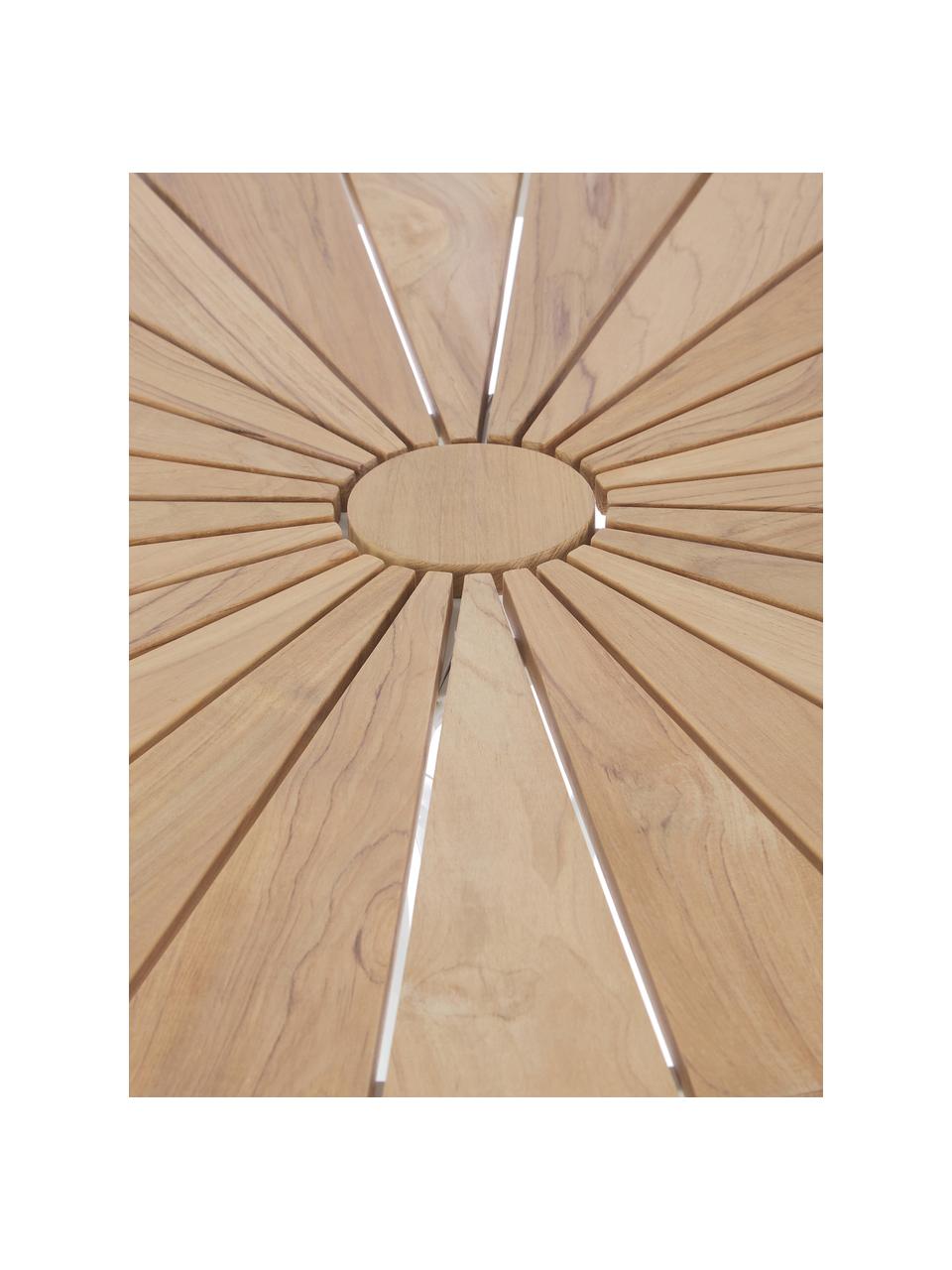 Mesa redonda para exterior Hard & Ellen, tablero de madera de teca, Tablero: madera de teca lijada, Estructura: aluminio con pintura en p, Blanco, teca, Ø 80 x Al 72 cm
