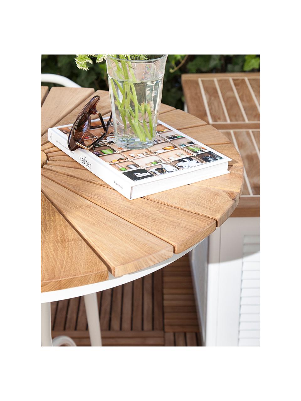 Tavolo rotondo da balcone con piano in legno di teak Hard & Ellen, Ø80 cm, Struttura: alluminio verniciato a po, Bianco, legno di teak, Ø 80 x Alt. 72 cm