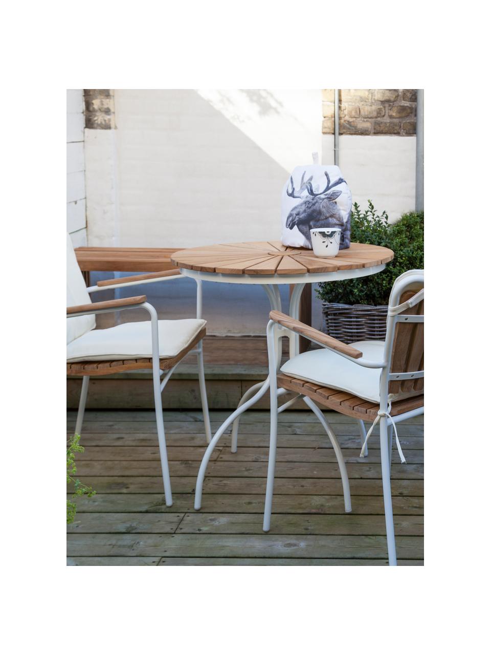 Okrągły stół ogrodowy z blatem z drewna tekowego Hard & Ellen, Blat: drewno tekowe, piaskowane, Stelaż: aluminium malowane proszk, Drewno tekowe, biały, Ø 80 x W 72 cm