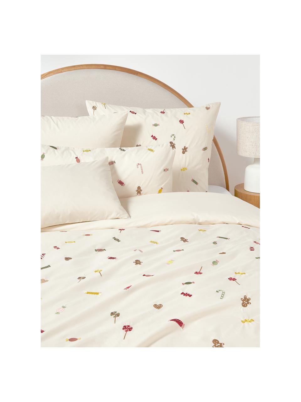 Baumwollperkal-Bettdeckenbezug Lolly mit weihnachtlicher Bestickung, Webart: Perkal Fadendichte 200 TC, Off White, Mehrfarbig, B 200 x L 200 cm