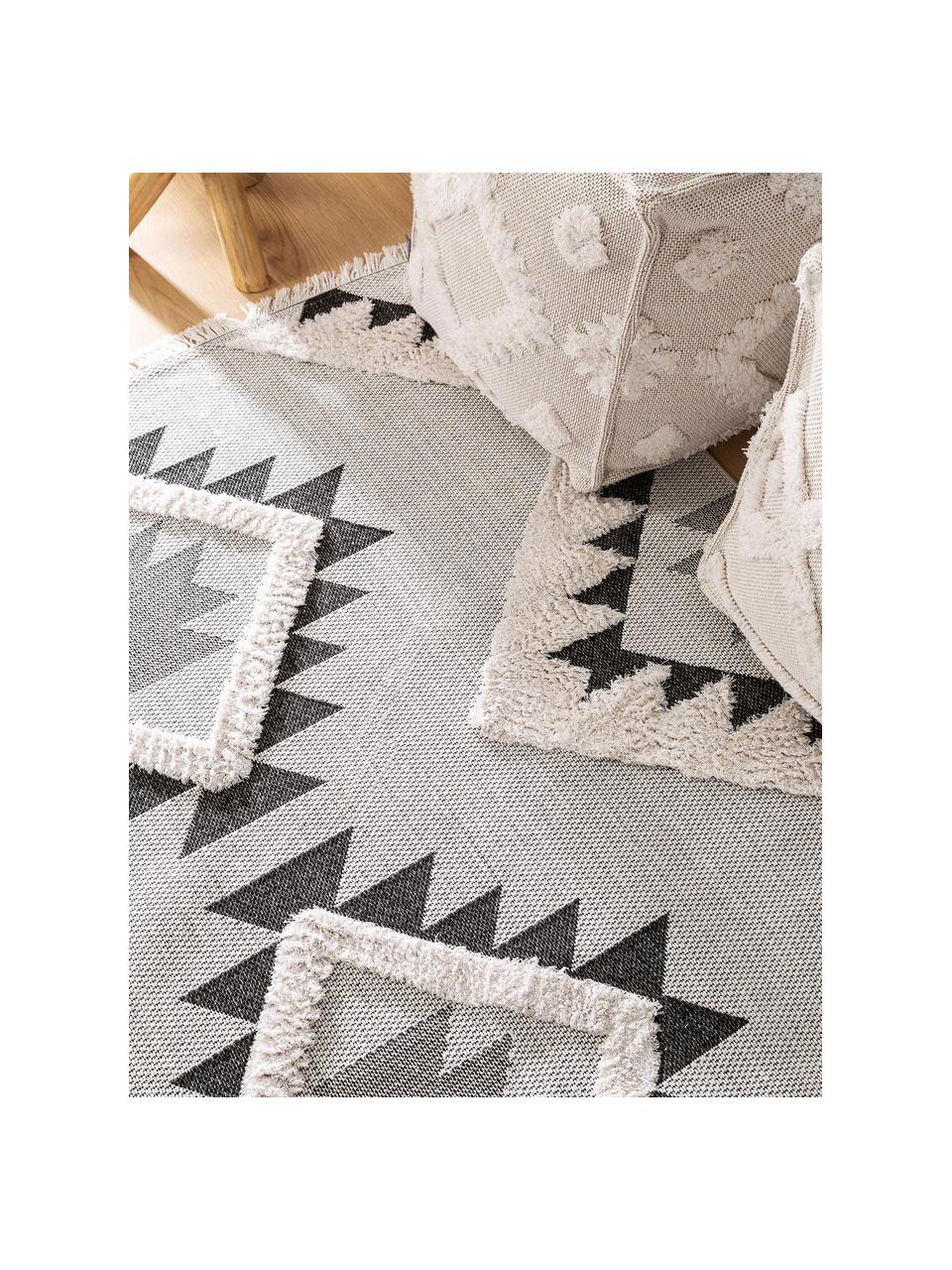 Tappeto in cotone lavato con frange Oslo Aztec, 100% cotone, Bianco crema, tonalità grigie, Larg. 150 x Lung. 230 cm