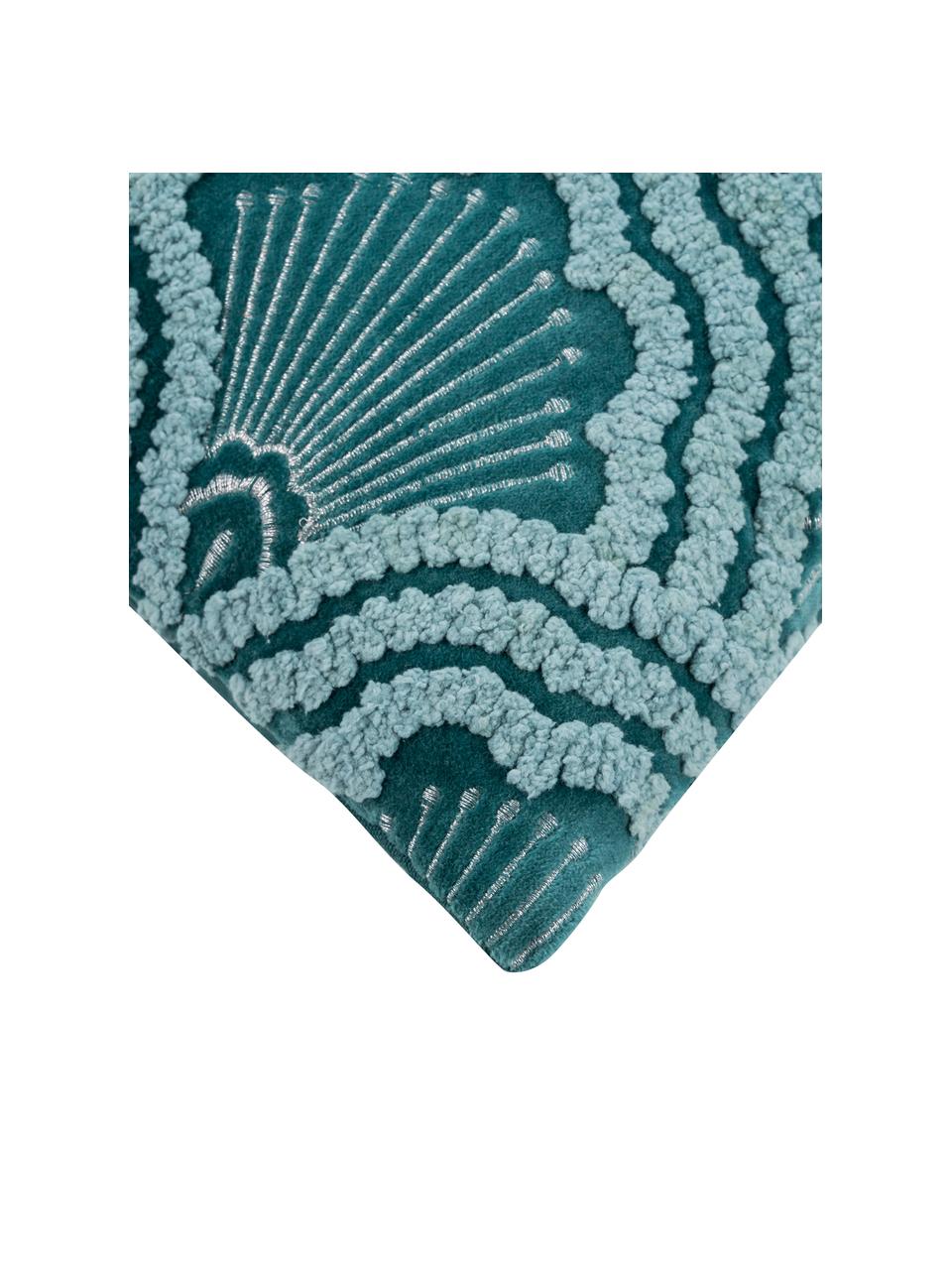 Geborduurde fluwelen kussenhoes Chelsey met hoog-laag patroon, 100% katoenfluweel, Petrolkleurig, 45 x 45 cm