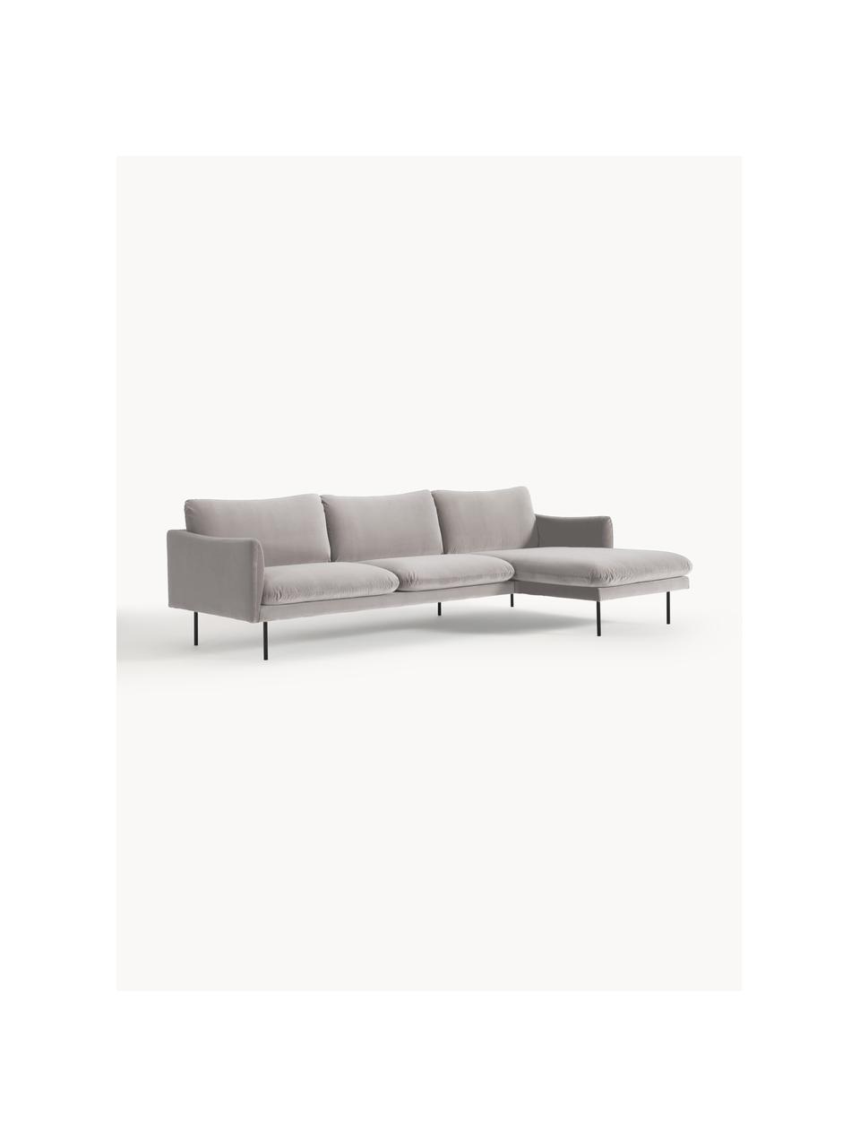 Sofa narożna z aksamitu Moby, Tapicerka: aksamit (wysokiej jakości, Stelaż: lite drewno sosnowe, Nogi: metal malowany proszkowo , Greige aksamit, S 280 x G 160 cm, prawostronna