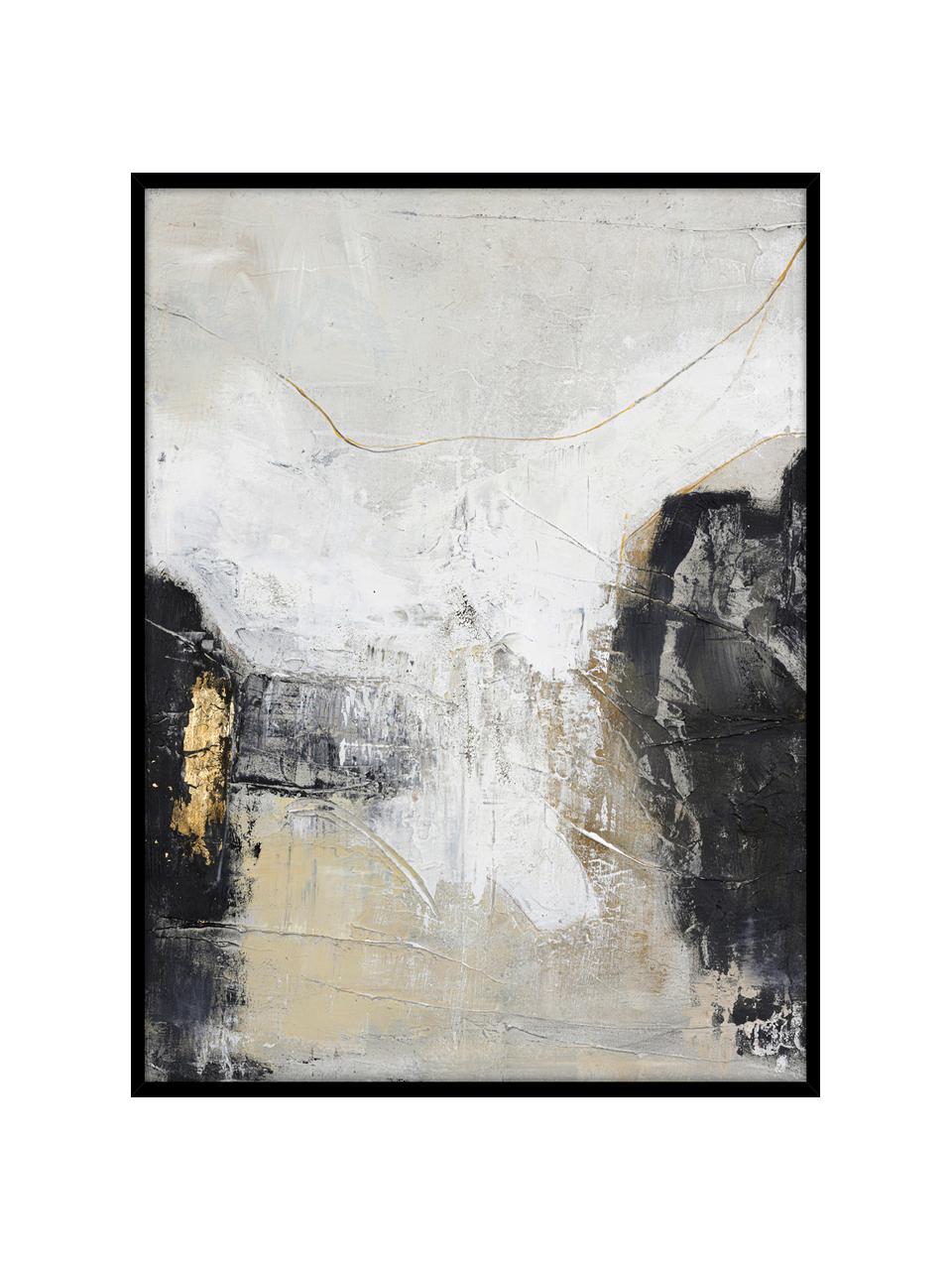 Impression sur toile peinte à la main encadrée White Noir, Noir, blanc, beige, couleur dorée, larg. 92 x haut. 120 cm
