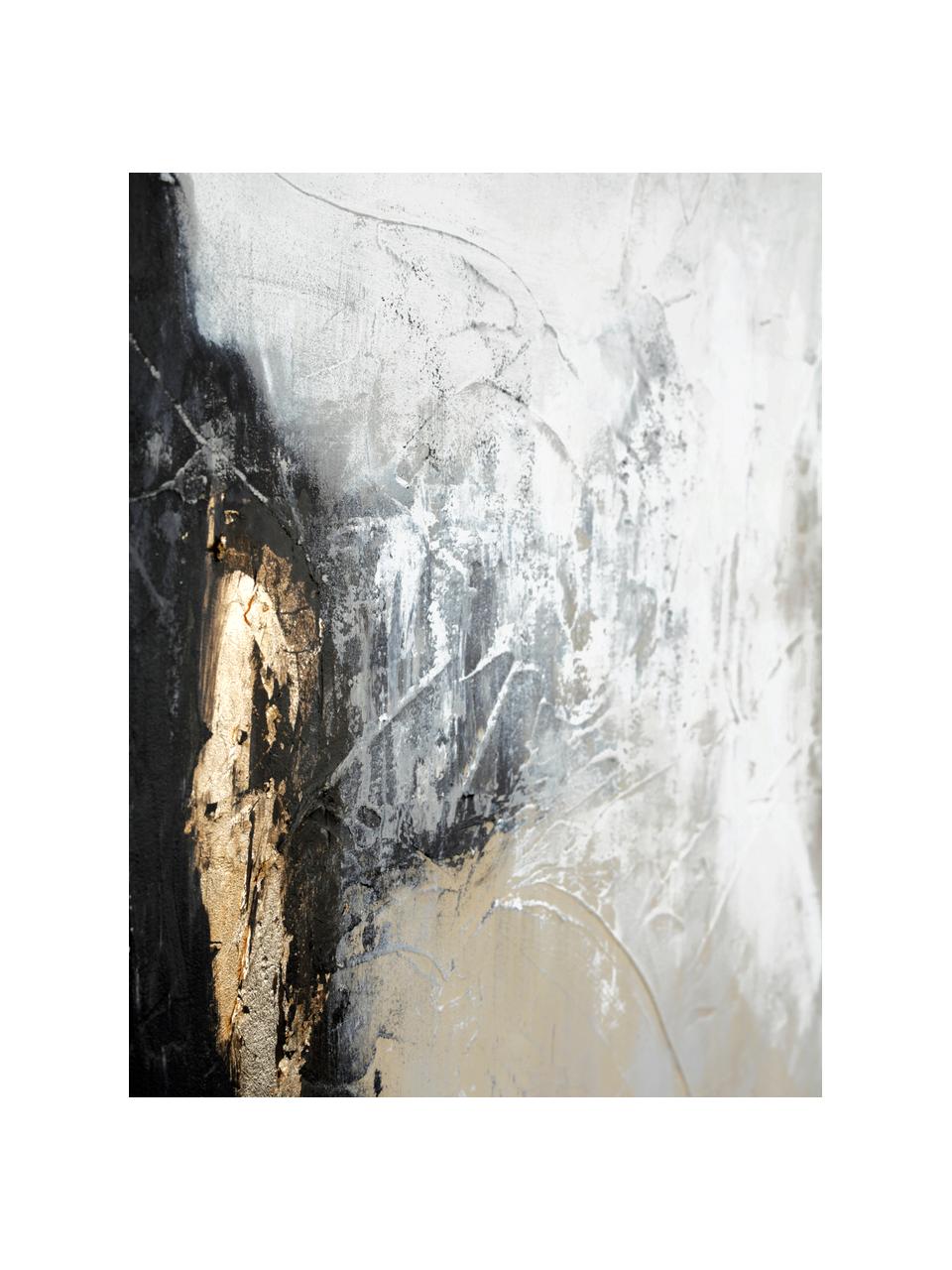 Impression sur toile peinte à la main encadrée White Noir, Noir, blanc, beige, couleur dorée, larg. 92 x haut. 120 cm