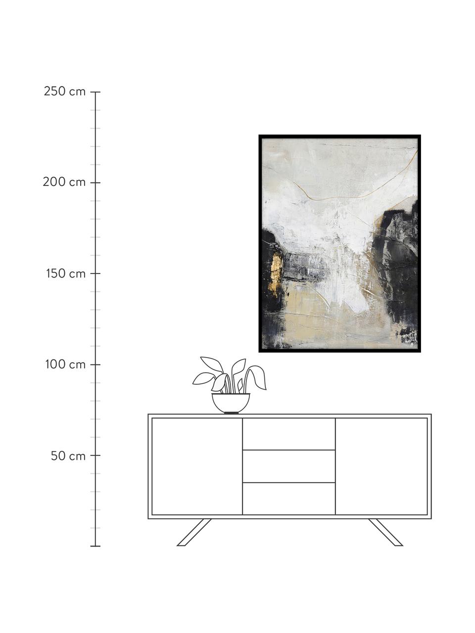 Handbeschilderde canvasdoek White Noir met houten frame, Lijst: eikenhout, gecoat, Zwart, wit, beige, goudkleurig, B 92 x H 120 cm