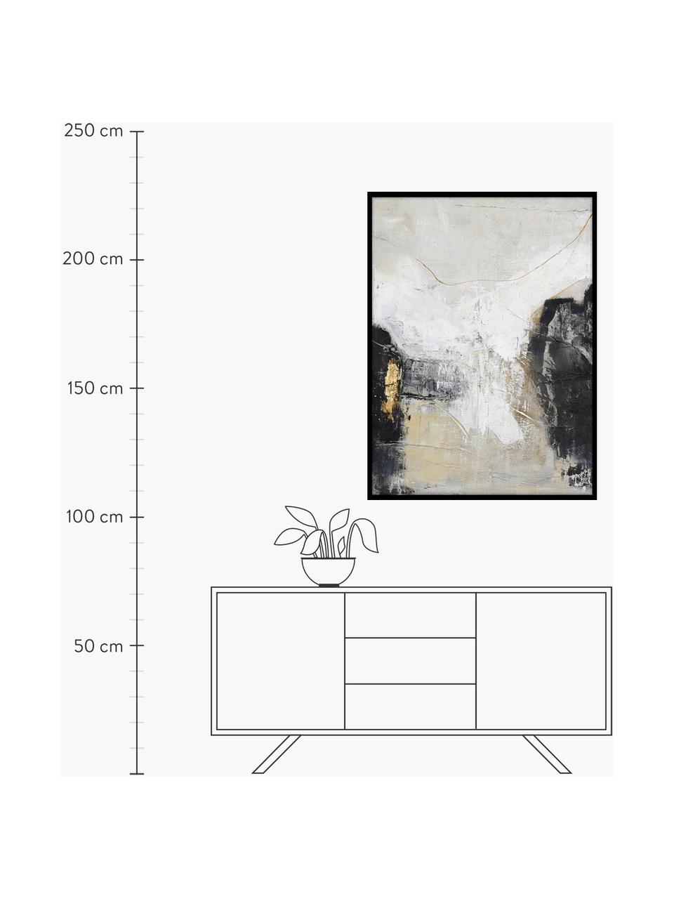 Handbeschilderde canvasdoek White Noir met houten frame, Lijst: eikenhout, gecoat, Beige- en grijstinten, B 92 x H 120 cm