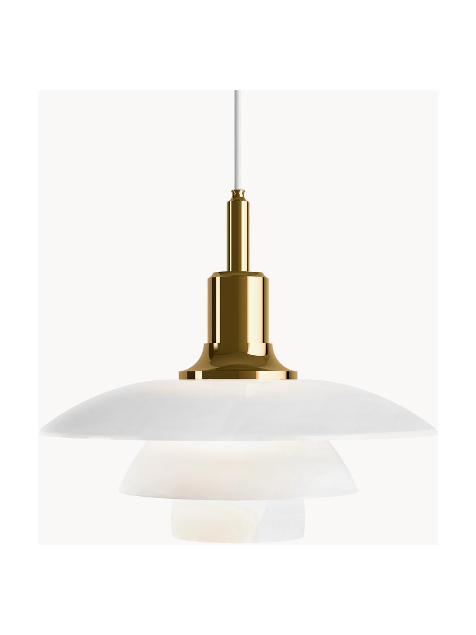 Lámpara de techo soplada artesanalmente PH 3½-3, Pantalla: vidrio opalino soplado ar, Cable: cubierto en tela, Dorado, blanco, Ø 33 x Al 29 cm