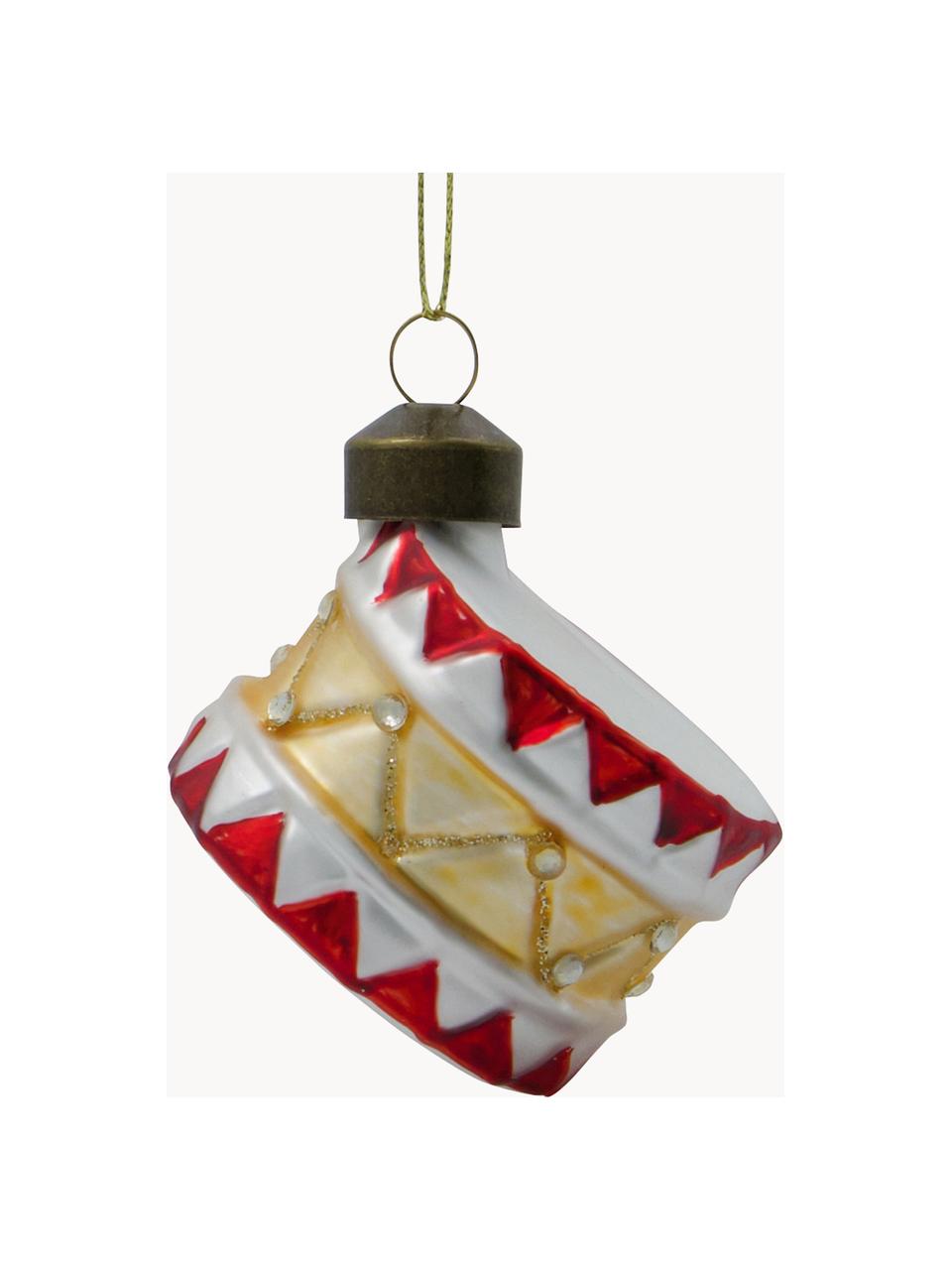 Décorations de sapin de Noël peintes à la main Tambur, 4 pièces, Verre, Rouge, blanc, doré, Ø 5 x haut. 5 cm