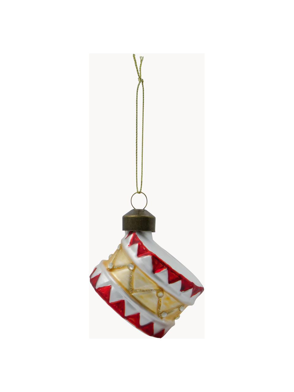 Décorations de sapin de Noël peintes à la main Tambur, 4 pièces, Verre, Rouge, blanc, doré, Ø 5 x haut. 5 cm