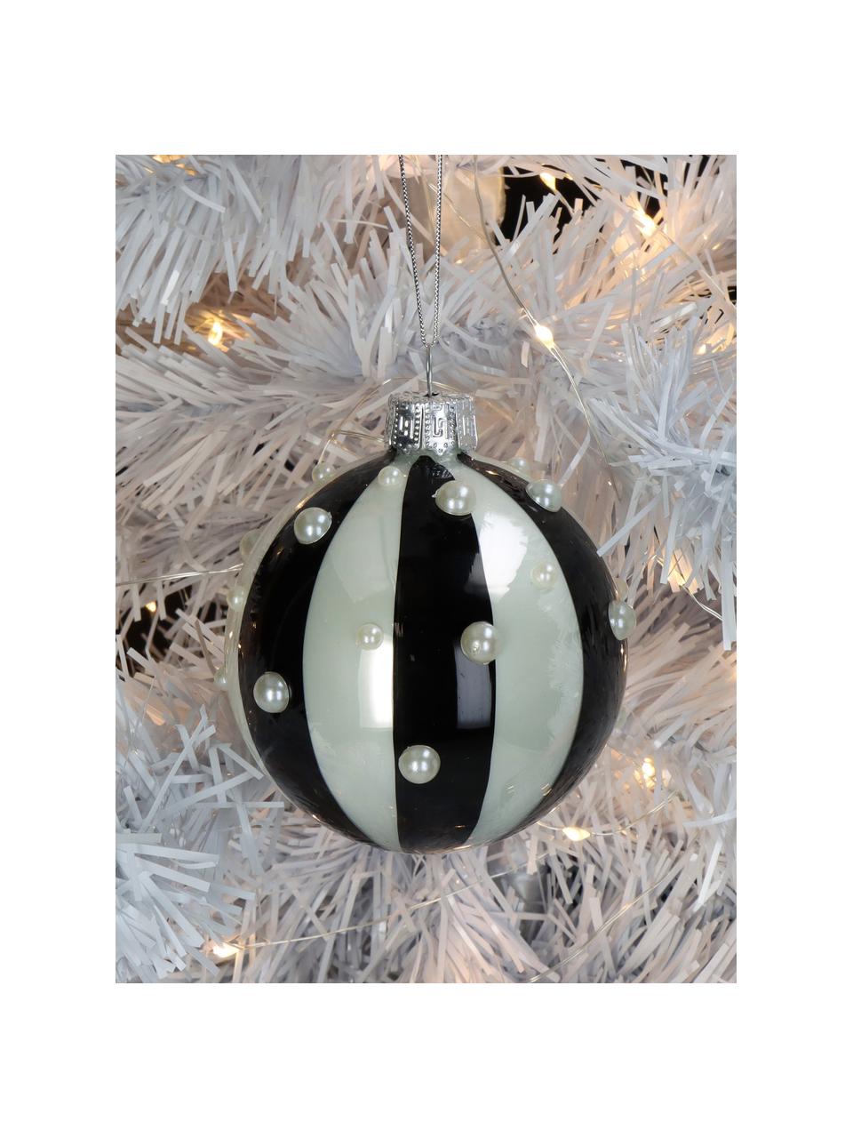 Décoration de sapin de Noël Stripe, 2 pièces, Verre, Noir, blanc nacré, brillant, Ø 8 cm