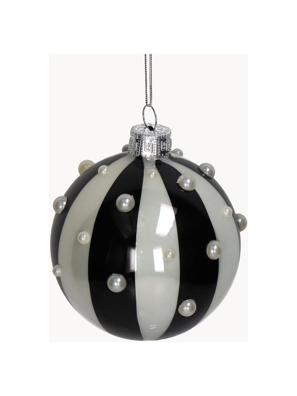 Adornos navideños Stripe, 2 uds., Vidrio, Negro y blanco perla brillante, Ø 8 cm