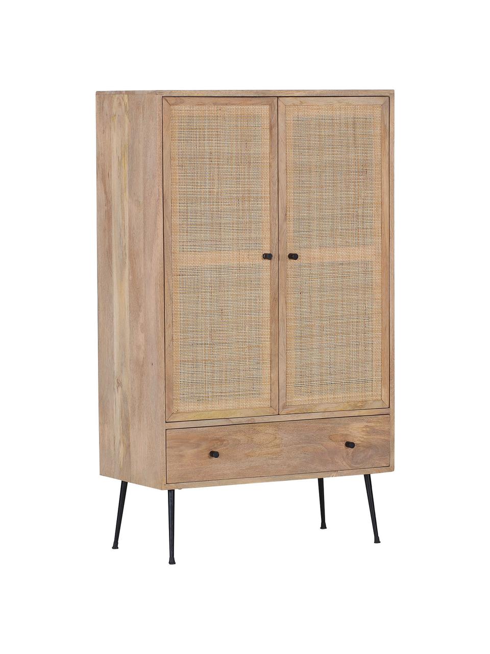 Mangohouten dressoir Larry met vlechtwerk, Frame: mangohout, Poten: gelakt metaal, Bruin, zwart, 80 x 137 cm