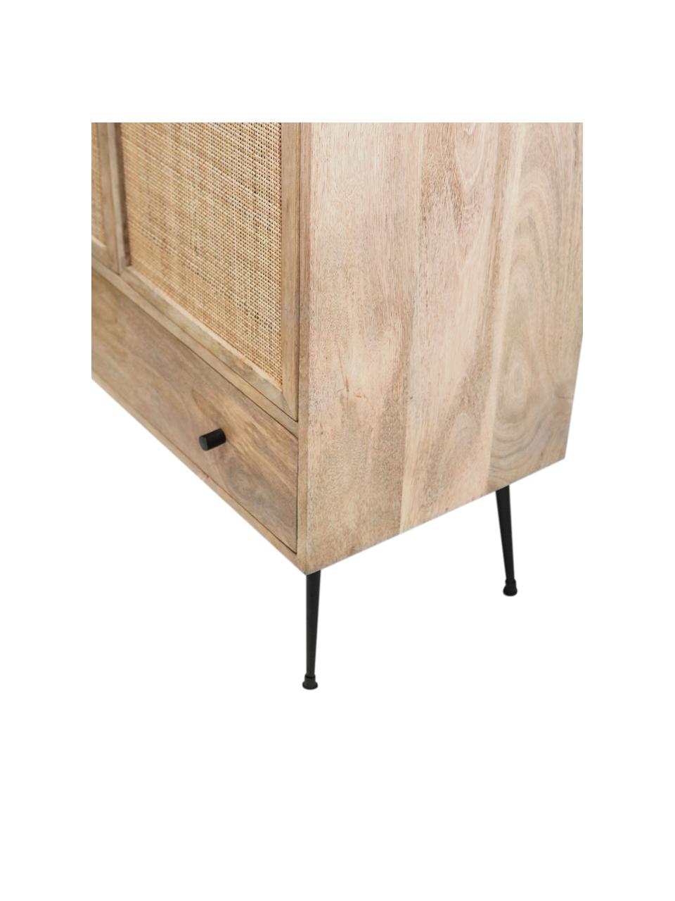Wysoka komoda z drewna mangowego z plecionym frontem Larry, Korpus: drewno mangowe, Nogi: metal lakierowany, Brązowy, czarny, S 80 x W 137 cm
