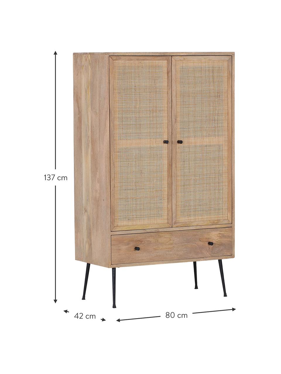 Mangohouten dressoir Larry met vlechtwerk, Frame: mangohout, Poten: gelakt metaal, Bruin, zwart, 80 x 137 cm