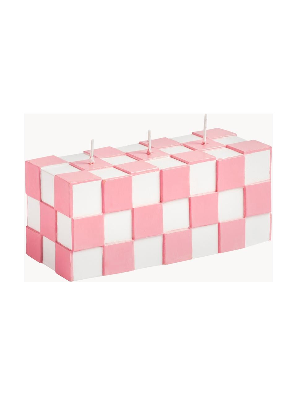 Dreidochtkerze Tile mit Fliesenoptik, Wachs, Rosa, Weiss, B 14 x H 6 cm