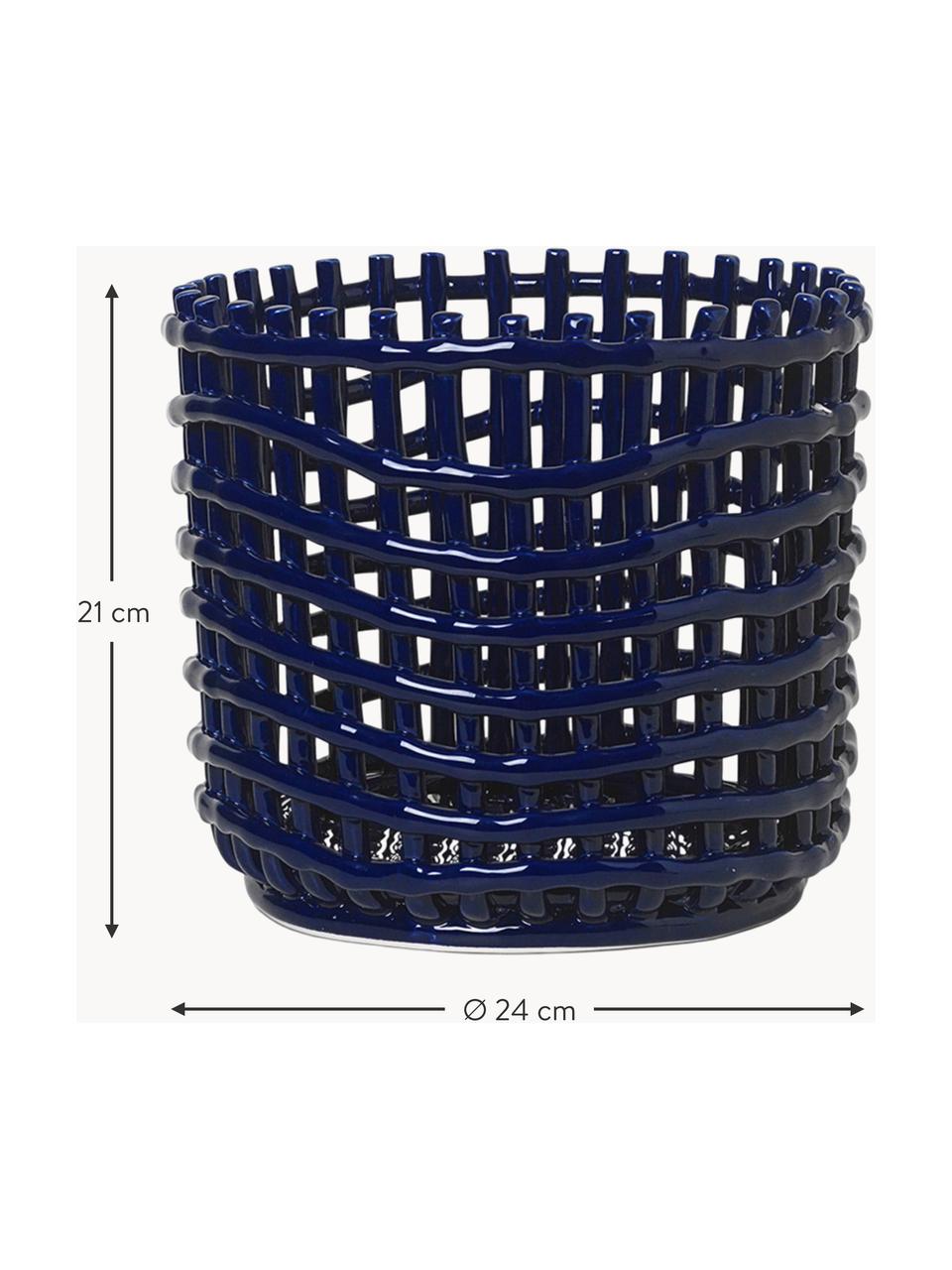 Panier de rangement artisanal en céramique Nalan, haut. 21 cm, Céramique, Bleu foncé, Ø 24 x haut. 21 cm