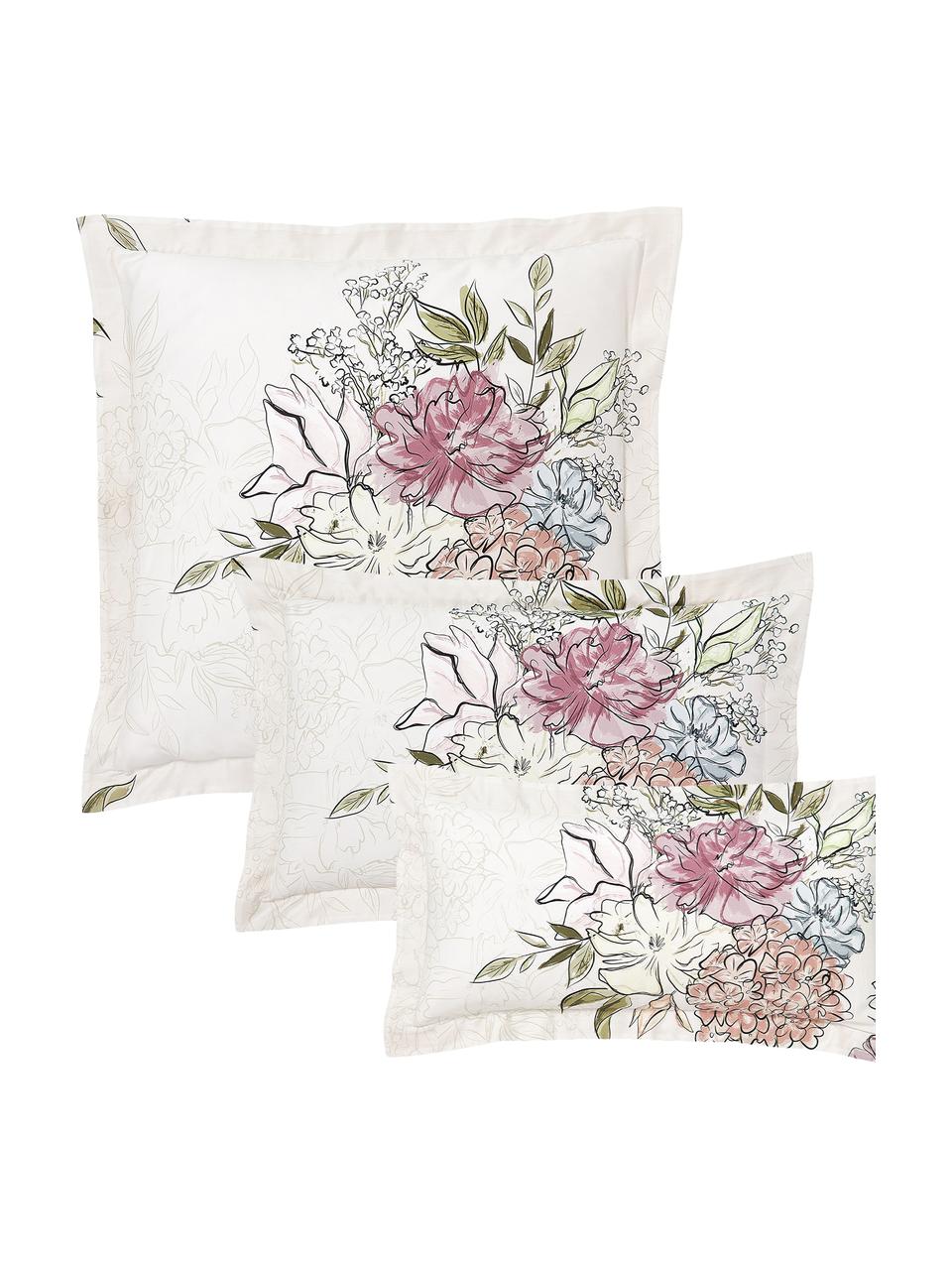 Taie d'oreiller en satin de coton à motif floral Margot, Beige, larg. 50 x long. 70 cm