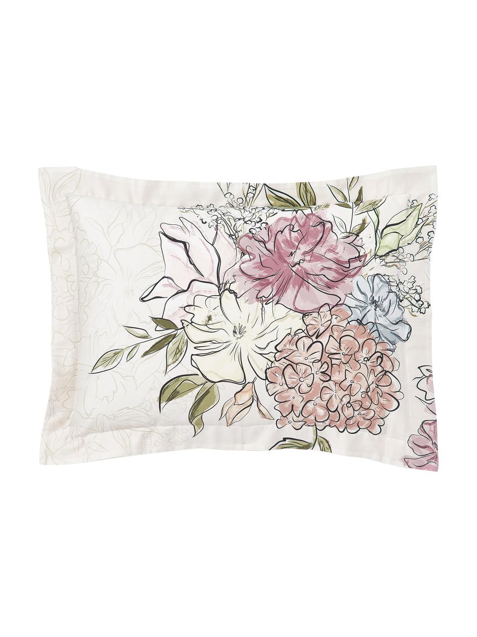 Taie d'oreiller en satin de coton à motif floral Margot, Beige, larg. 50 x long. 70 cm