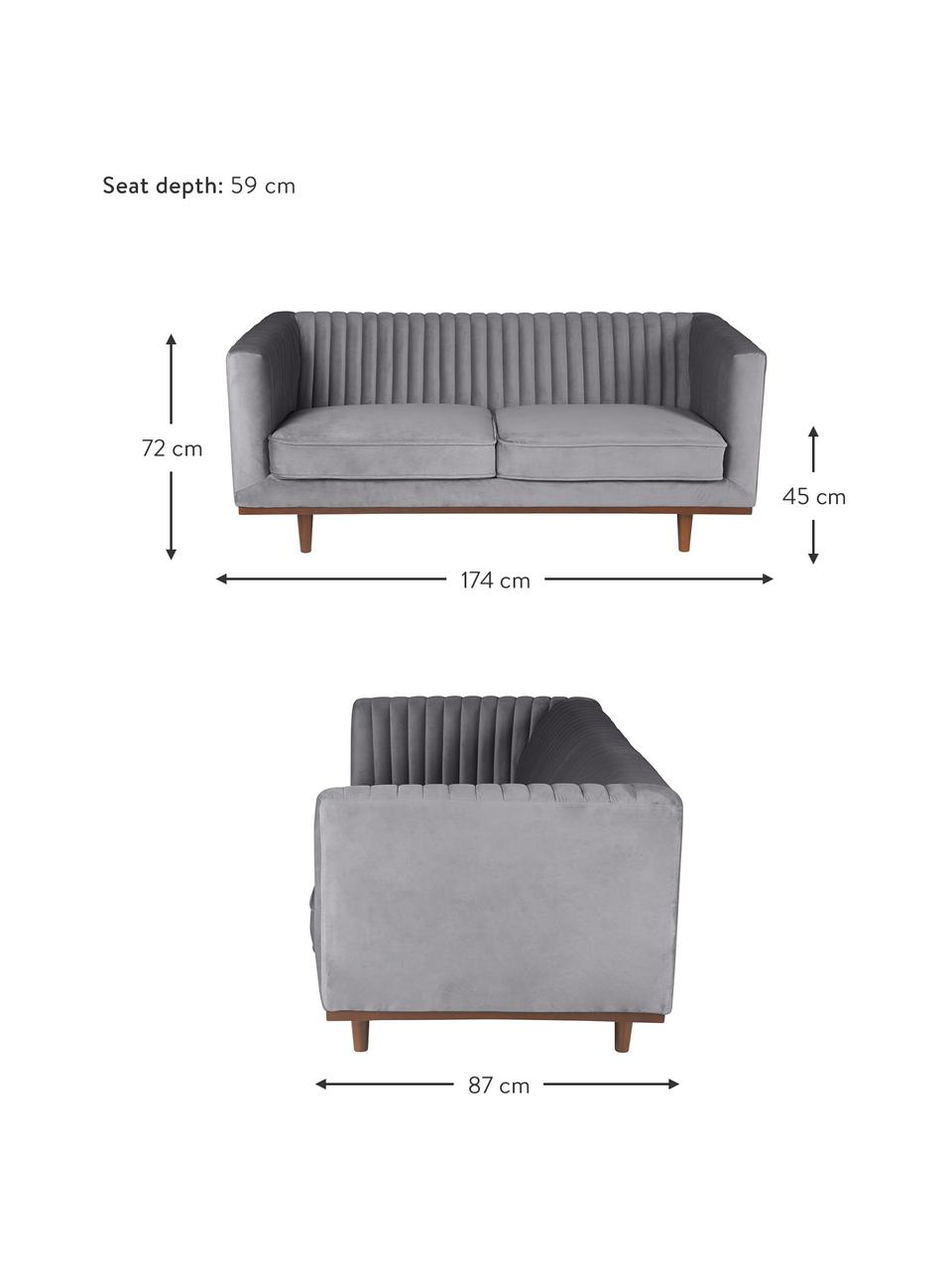 Divano 2 posti in velluto grigio scuro con piedini in legno Dante, Rivestimento: poliestere 50.000 cicli d, Piedini: legno di caucciù vernicia, Tessuto grigio scuro, Larg. 174 x Prof. 87 cm