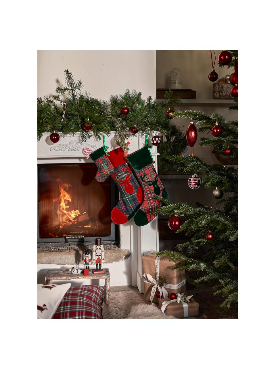 Weihnachtsstrümpfe Merry Christmas, 2er-Set, Polyester, Baumwolle, Dunkelgrün, Rot, B 26 x H 47 cm