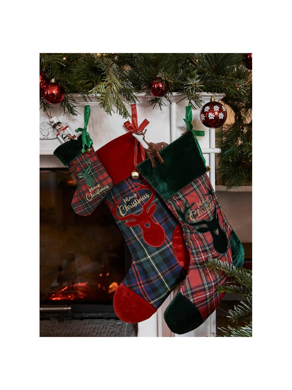 Calcetines decorativos Merry Christmas, 2 uds., Poliéster, algodón, Verde oscuro, rojo, An 26 x Al 47 cm