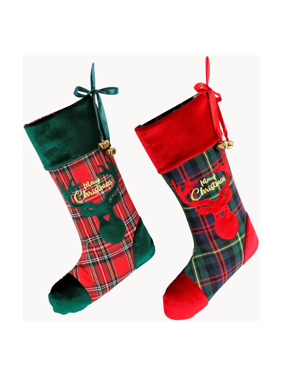 Set 2 calze decorative Merry Christmas, Poliestere, cotone, Verde scuro, rosso, Larg. 26 x Alt. 47 cm