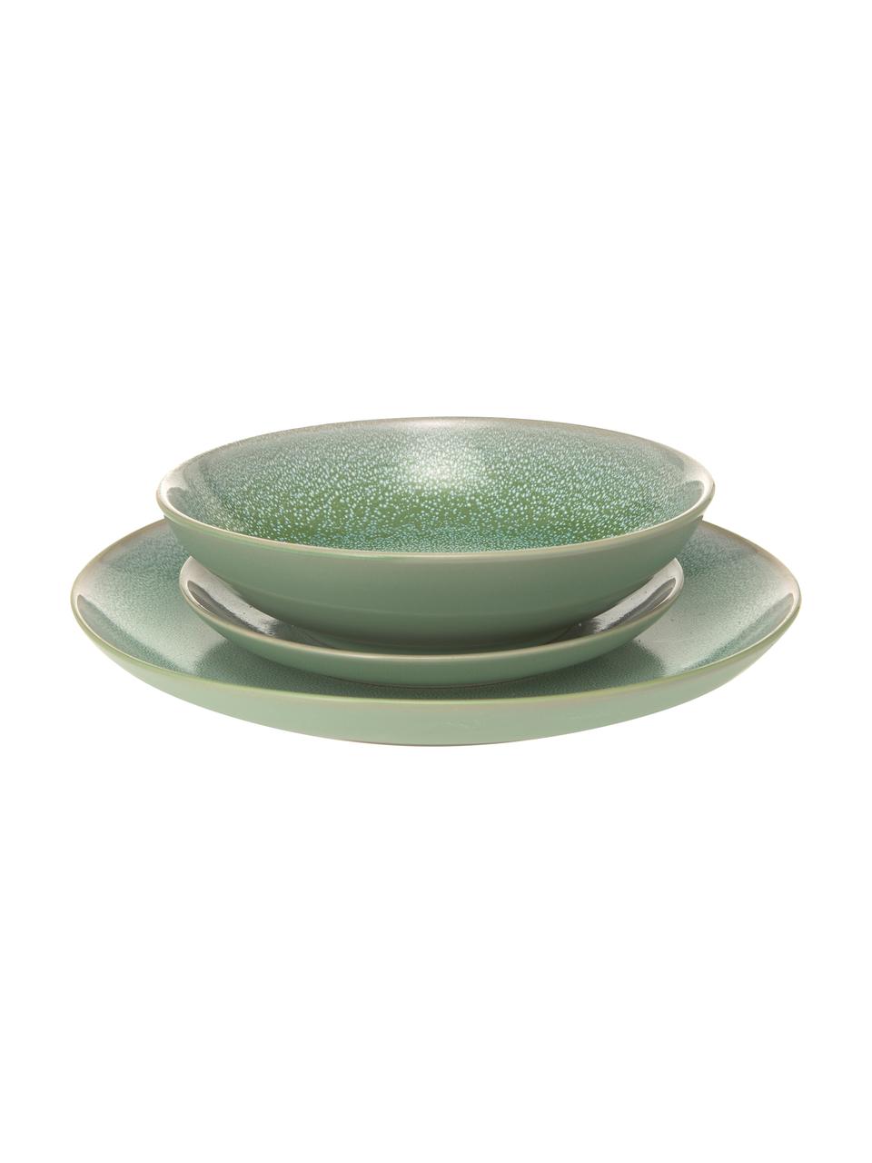 Set di stoviglie a macchie verdi di 3 pezzi, set di cena in gres ceramico,  piatti snack e ciotole per zuppa, ceramica organica, arte moderna di Manya  -  Italia