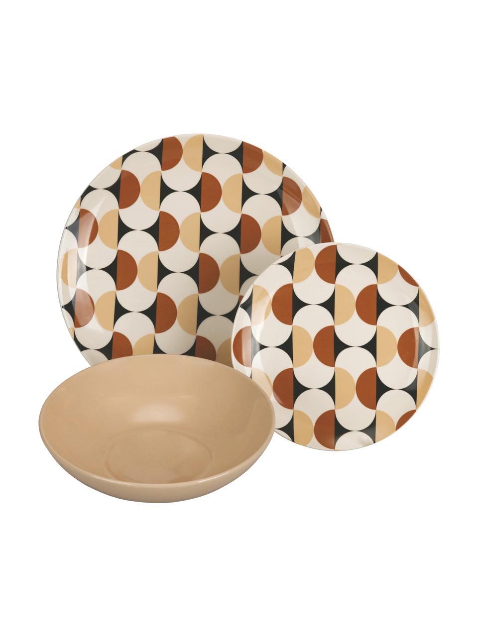 Komplet naczyń z porcelany Maukie, dla 6 osób (18 elem.), Porcelana, Odcienie beżowego, odcienie brązowego, czarny, 6 osób (18 elem.)