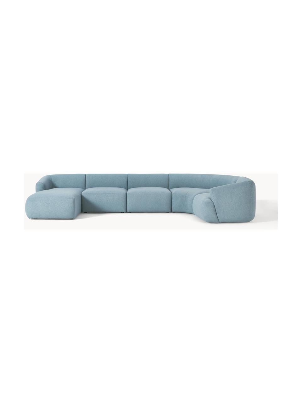 Sofa modułowa bouclé Sofia, Tapicerka: bouclé (100% poliester) D, Stelaż: drewno świerkowe z certyf, Nogi: tworzywo sztuczne, Niebieski bouclé, S 404 x G 231 cm, prawostronna