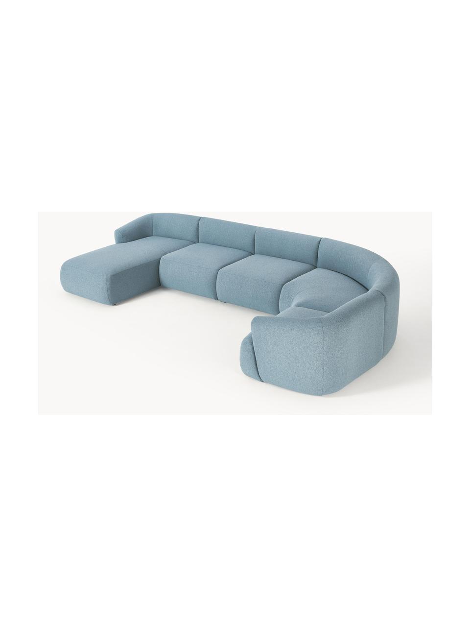 Sofa modułowa bouclé Sofia, Tapicerka: bouclé (100% poliester) D, Stelaż: drewno świerkowe z certyf, Nogi: tworzywo sztuczne, Niebieski bouclé, S 404 x G 231 cm, prawostronna
