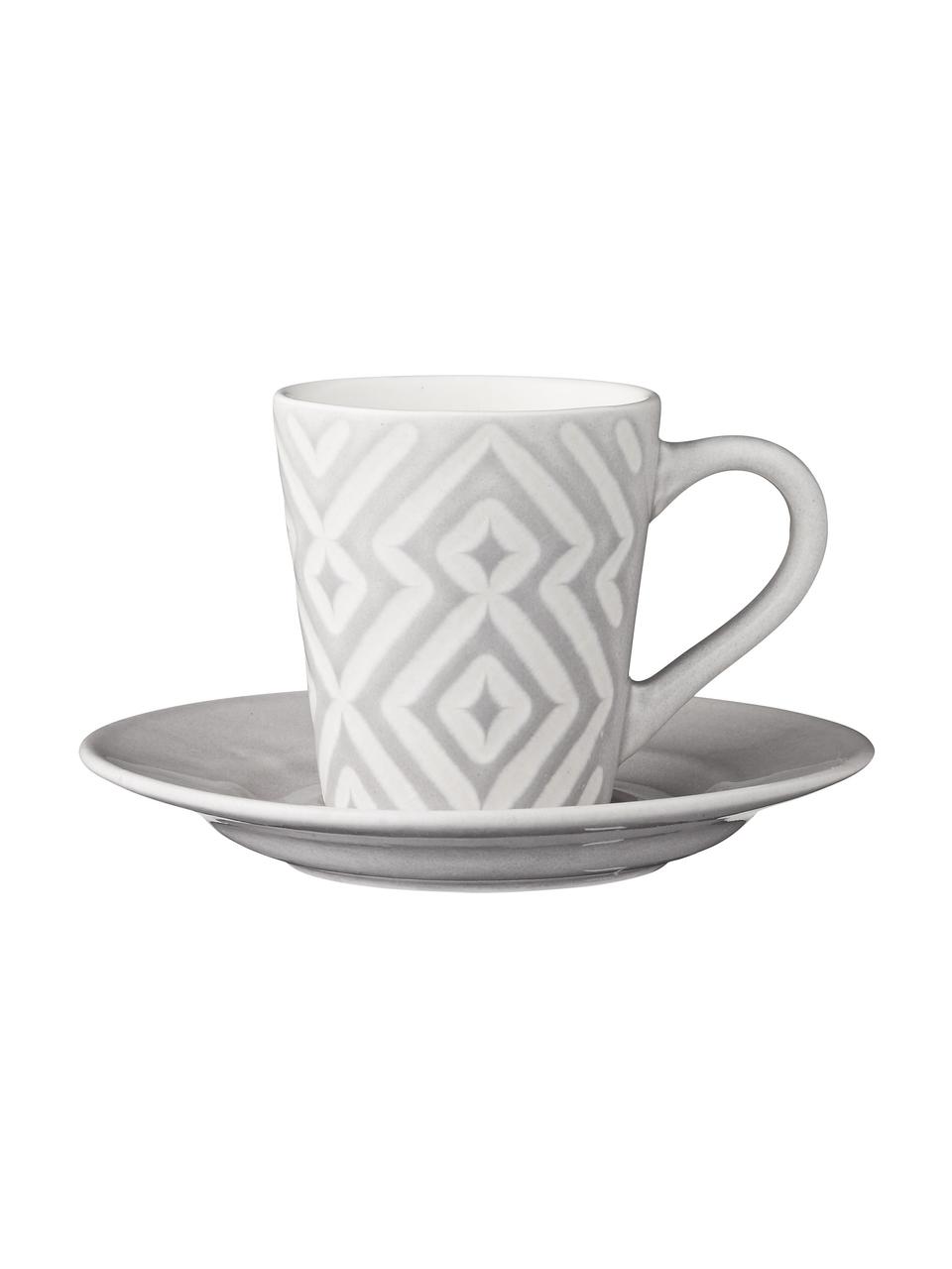 Espressotassen Abella mit Untertassen in Grau/Weiß mit Strukturmuster, 4 Stück, Keramik, Grau, Weiß, Ø 12 x H 7 cm
