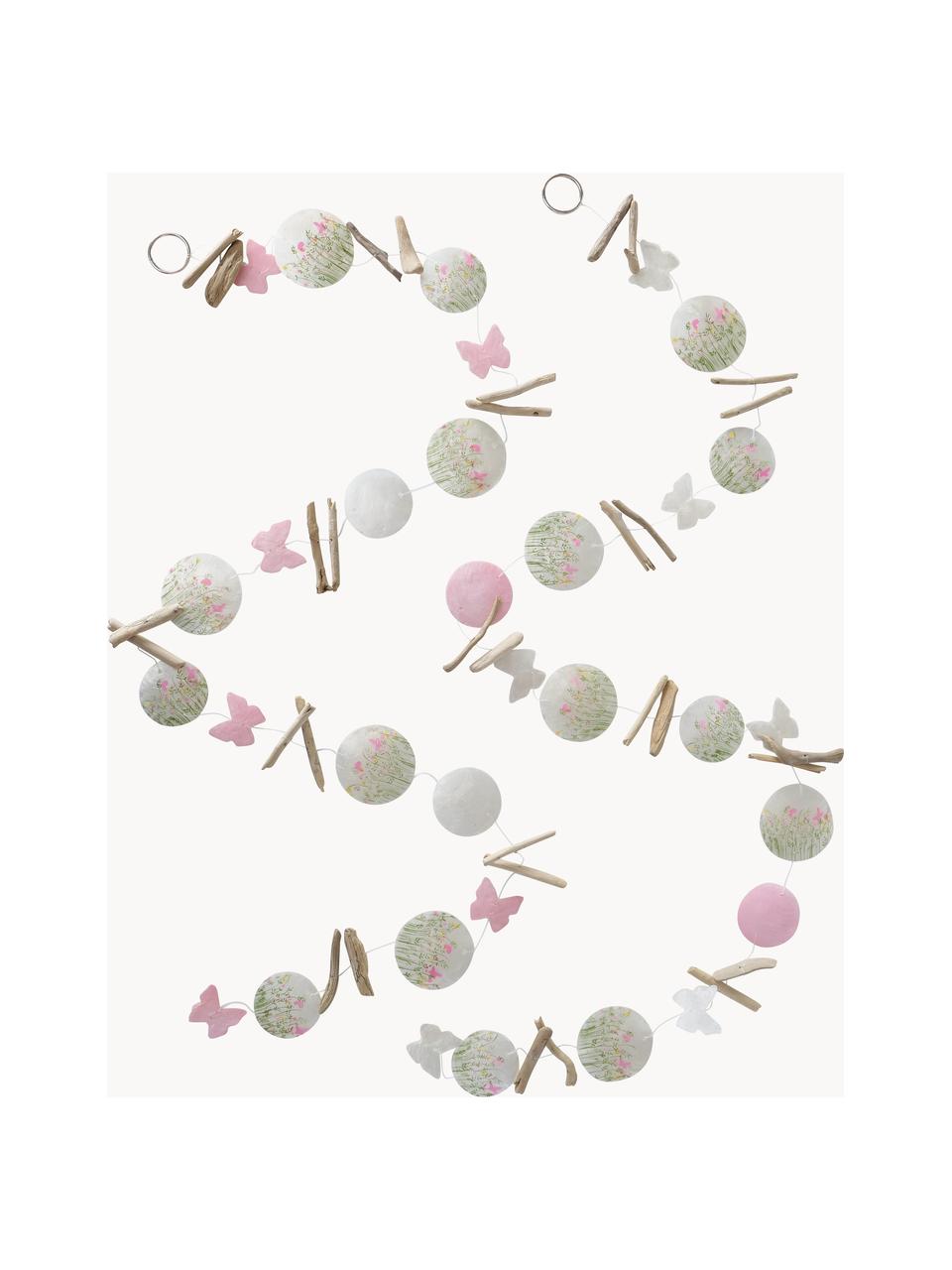 Handgemaakte slingers Rosalie, set van 2, Bedrukte Capiz schelpen, drijfhout, Wit, lichtroze, lichtgroen, Ø 7 x L 180 cm