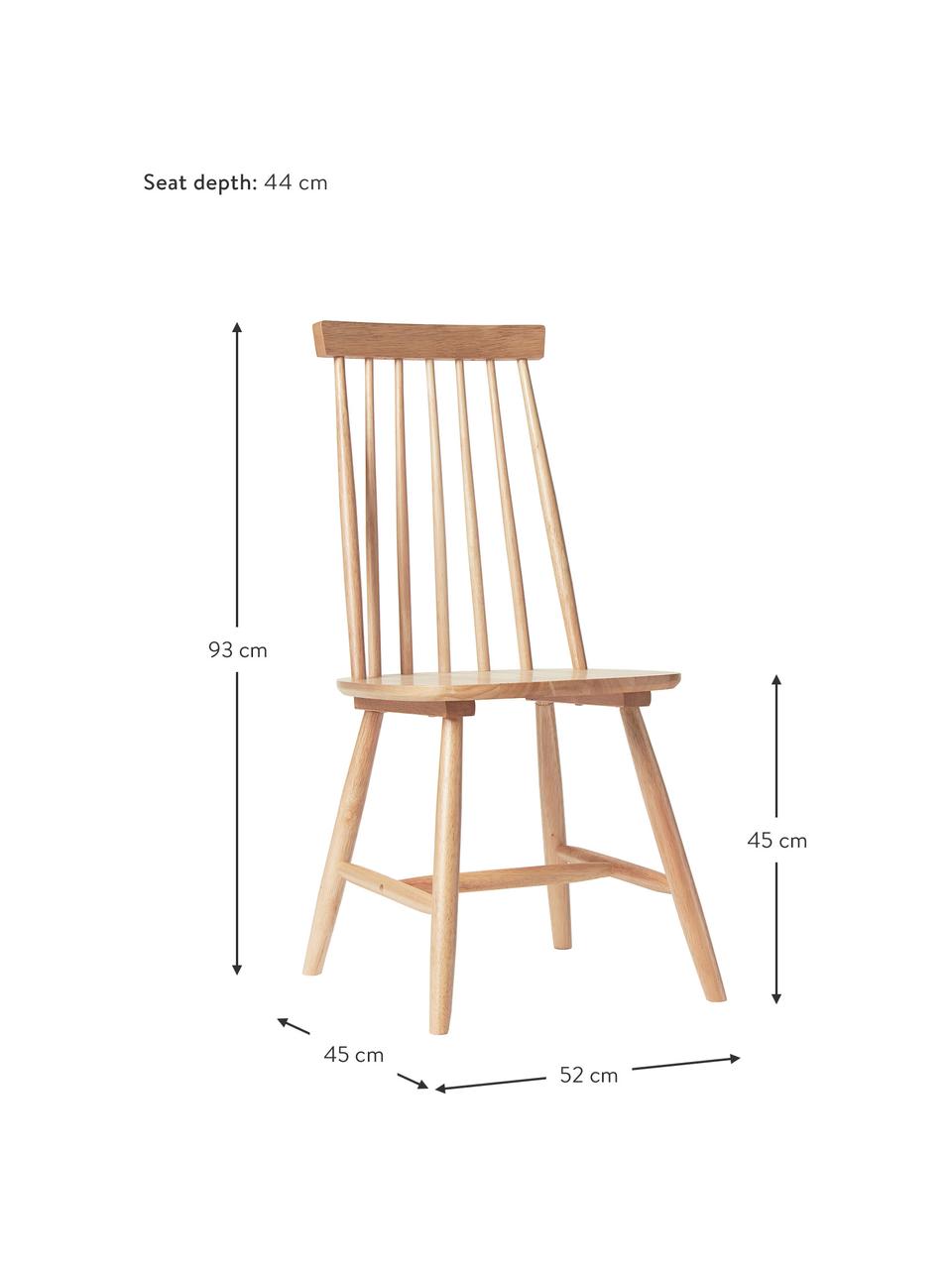 Drevená stolička vo windsor štýle Milas, 2 ks, Lakované kaučukovníkové drevo, Hnedá, Š 52 x H 45 cm