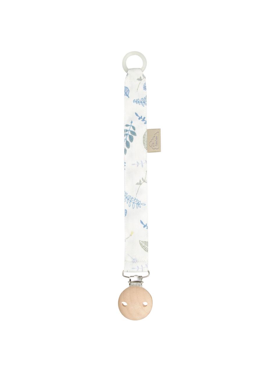 Attache tétine en coton bio Pressed Leaves, Blanc, bleu, gris, jaune, long. 20 cm