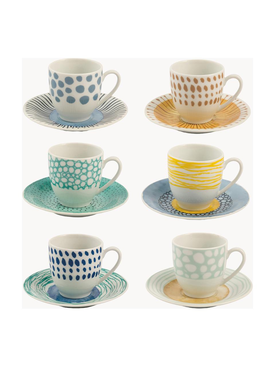 Set di 6 tazzine da caffè con piattini Marea, Porcellana, Tonalità verdi, gialle e blu, Ø 6 x Alt. 6 cm, 90 ml