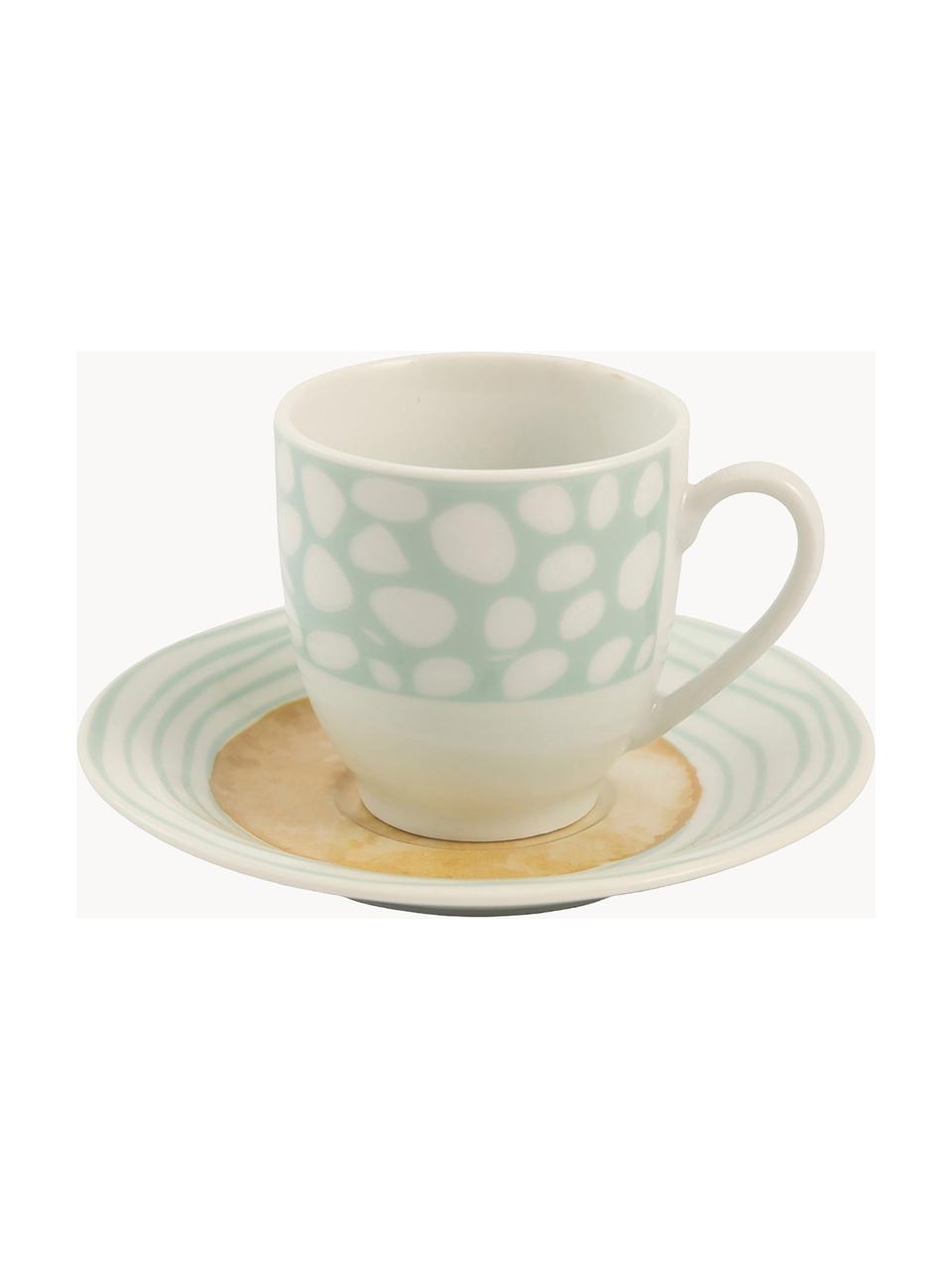 Šálky na espresso s podšálkami Marea, 6 ks, Porcelán, Modré, žlté a zelené tóny, Ø 6 x V 6 cm, 90 ml