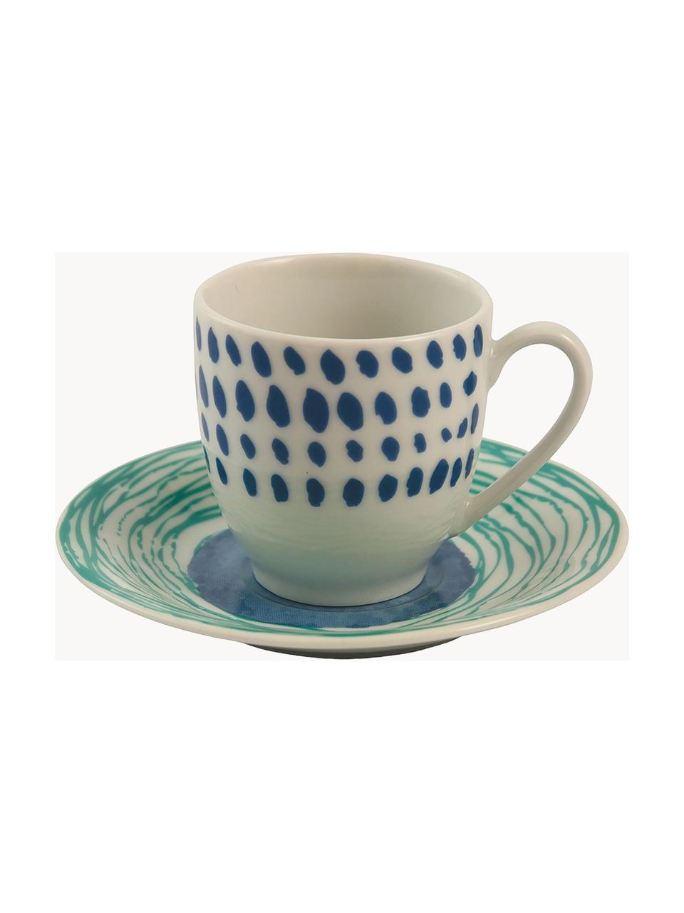 Šálky na espresso s podšálkami Marea, 6 ks, Porcelán, Modré, žlté a zelené tóny, Ø 6 x V 6 cm, 90 ml