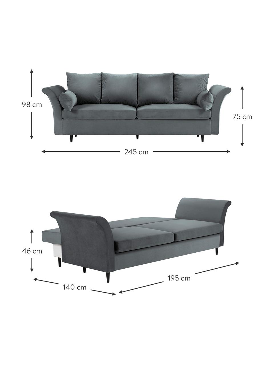 Sofá cama de terciopelo Lola (3 plazas), con espacio de almacenamiento, Tapizado: terciopelo de poliéster A, Patas: madera de pino pintados, Gris oscuro, An 245 x F 95 cm