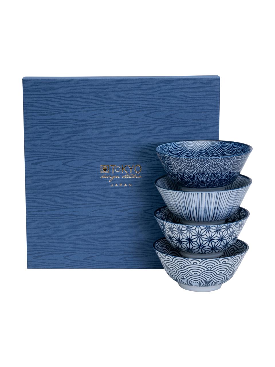 Ručne vyrobená súprava porcelánových misiek Nippon, 4 diely, Porcelán, Modrá, biela, Ø 15 x V 7 cm
