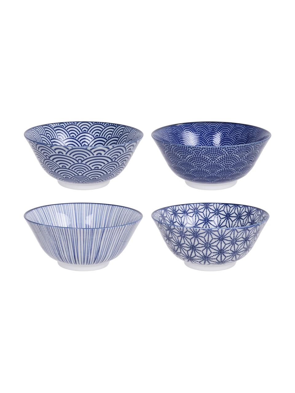 Ručne vyrobená súprava porcelánových misiek Nippon, 4 diely, Porcelán, Modrá, biela, Ø 15 x V 7 cm