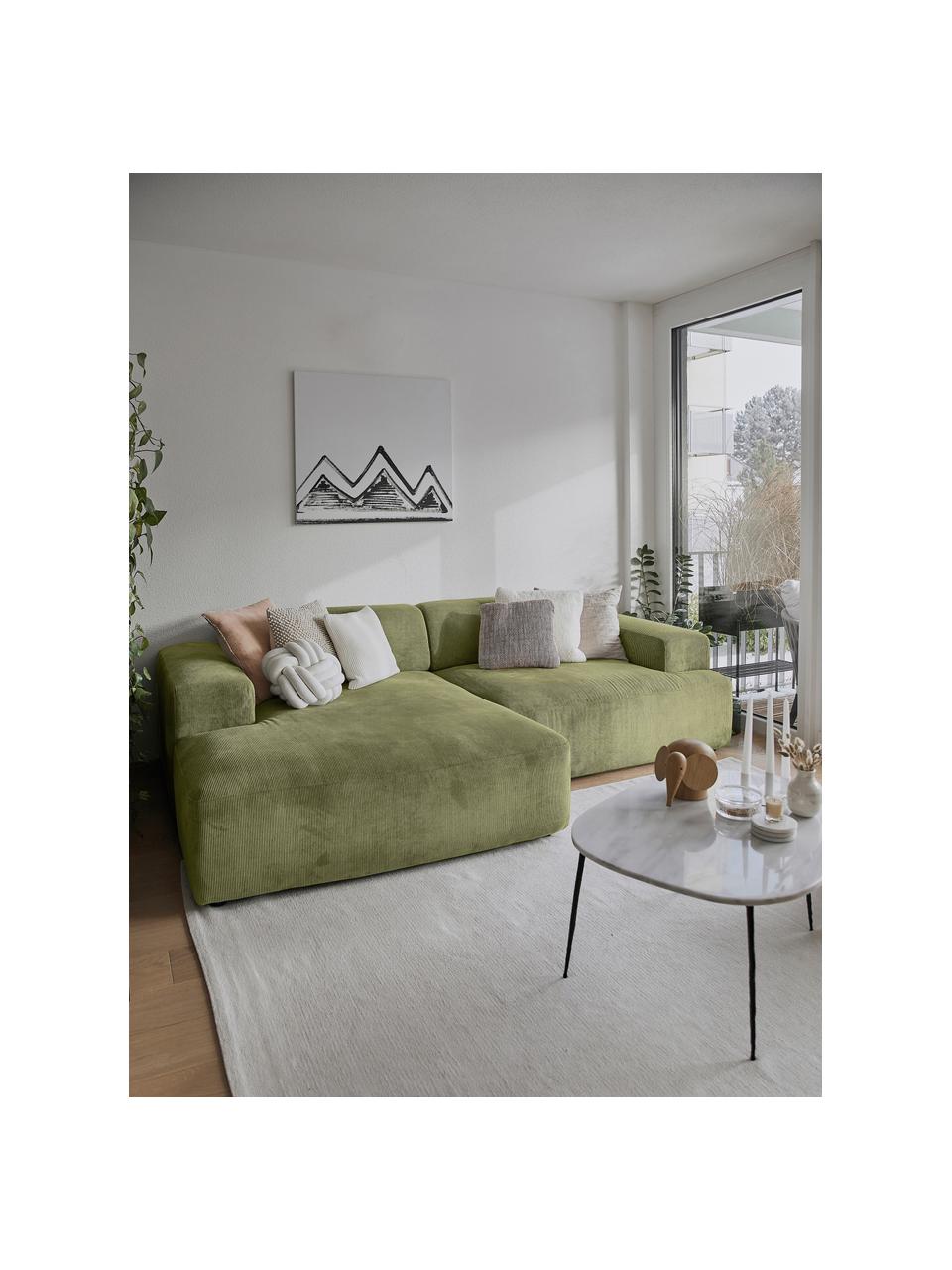 Canapé d'angle 3 places velours côtelé Melva, Velours côtelé vert, larg. 239 x prof. 143 cm, méridienne à gauche